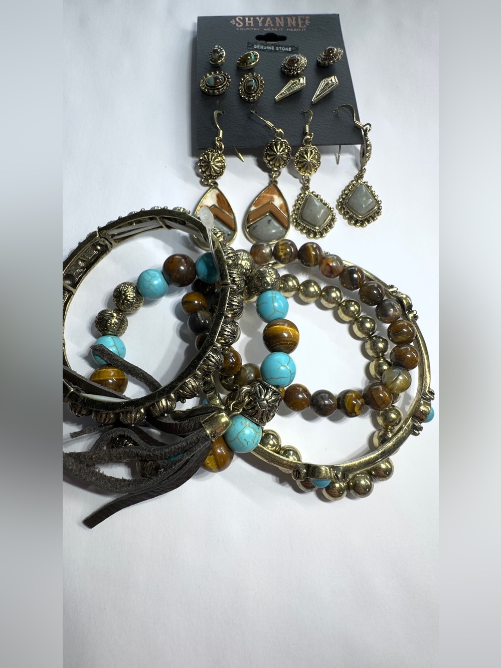 Shyanne Turquoise and Brown Mixed Bead Bracelet Set with Gold Accents